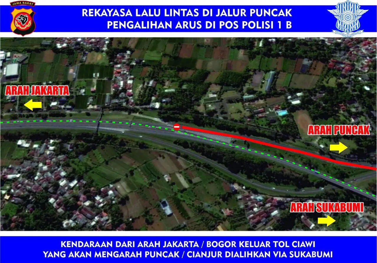 Berikut ini pengalihan arus lalu lintas di jalur Puncak, Bogor, Jawa Barat. (Polres Bogor)