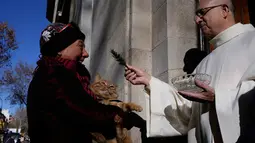 Seekor kucing mendapat berkat dari pendeta saat mengikuti upacara Saint Anthony di Madrid, Spanyol, Selasa (17/1). Ratusan hewan peliharaan dibawa pemiliknya untuk diberkati setiap tahunnya dalam upacara tersebut. (AP Photo / Daniel Ochoa de Olza)