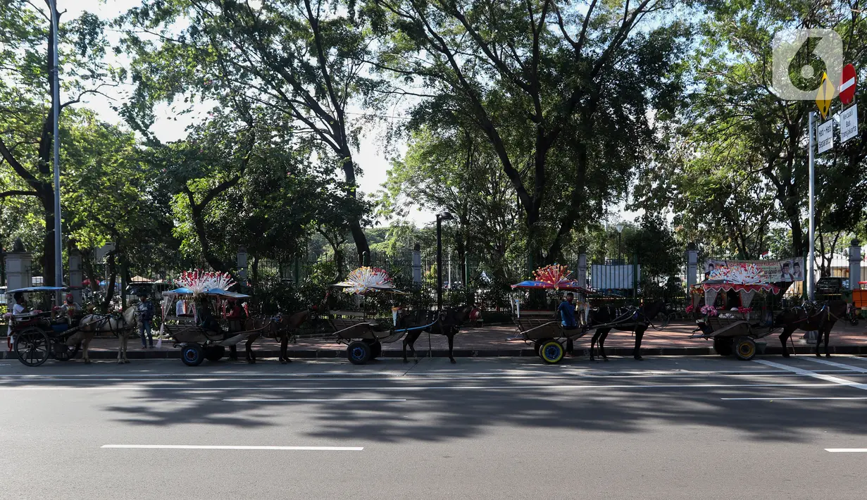 Kusir menunggu calon penumpang delman di kawasan IRTI Monas, Jakarta, Jumat (21/8/2020). Jasa sewa delman untuk warga berkeliling kawasan Monas tersebut bertarif Rp 50 ribu hingga Rp100 ribu. (Liputan6.com/Johan Tallo)