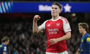 Striker Arsenal Viktor Gyokeres merayakan&nbsp;golnya ke gawang Atletico Madrid di matchday 3 league phase Liga Champions 2025/26 di Emirates Stadium, Rabu (22/10/2025) dini hari WIB. (AP Photo/Alastair Grant)