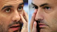 Manajer Manchester City Josep Guardiola (kiri) dan manajer Manchester United Jose Mourinho (kanan). (AFP/Sergei Supinsky dan Javier Soriano)