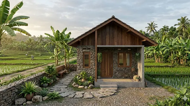 Desain Rumah Desa Adem dengan Taman Samping dan Dinding Batu Alam. Gemini