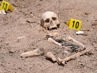 Sisa-sisa jenazah manusia yang digali dari kuburan massal oleh otoritas Irak, tergeletak di tanah dekat kota selatan Najaf, pada 14 Mei 2022. Kuburan massal itu, pertama kali ditemukan pada April tahun ini, diyakini menampung puluhan orang yang kemungkinan besar tewas di bawah mendiang diktator Saddam Hussein, kata seorang pejabat. (AFP)