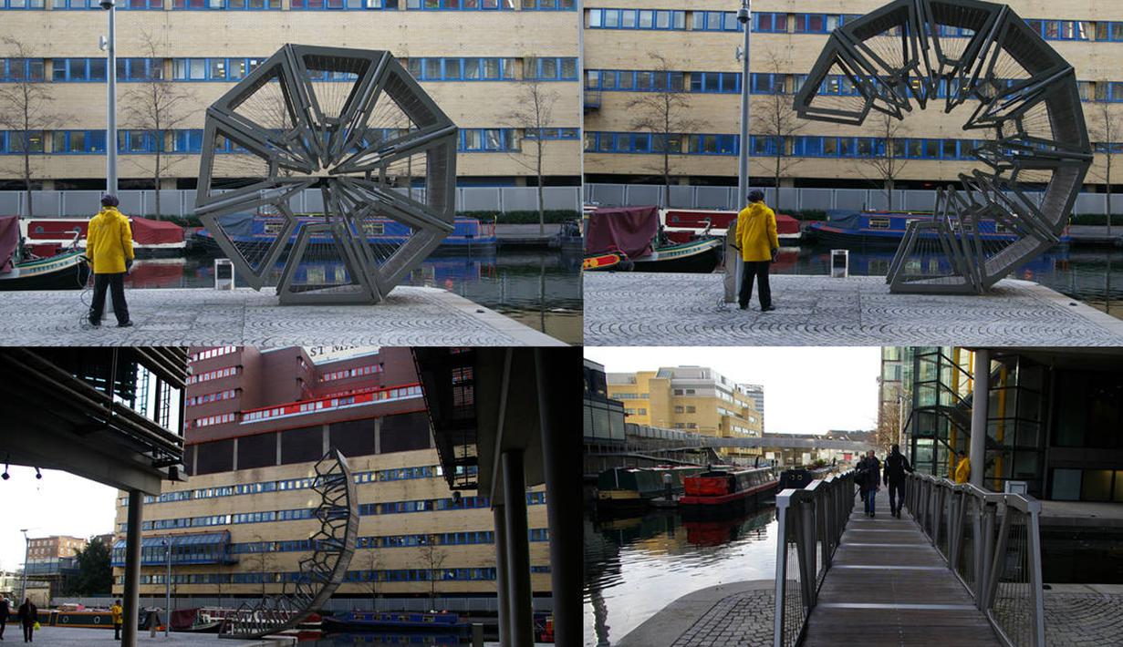 London juga punya jembatan yang sedikit 'ngeri' untuk dilewati, yaitu jembatan Rolling Bridge. Jembatan ini terdiri dari delapan bagian segitiga yang membentuk octagon ketika menggulung dan akan membentuk sebuah jembatan bila terbuka. (Ilustrasi Istimewa)