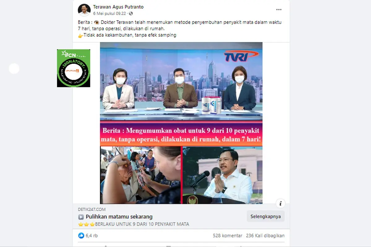 Tangkapan layar klaim penemuan metode penyembuhan penyakit mata tanpa operasi oleh Dokter Terawan