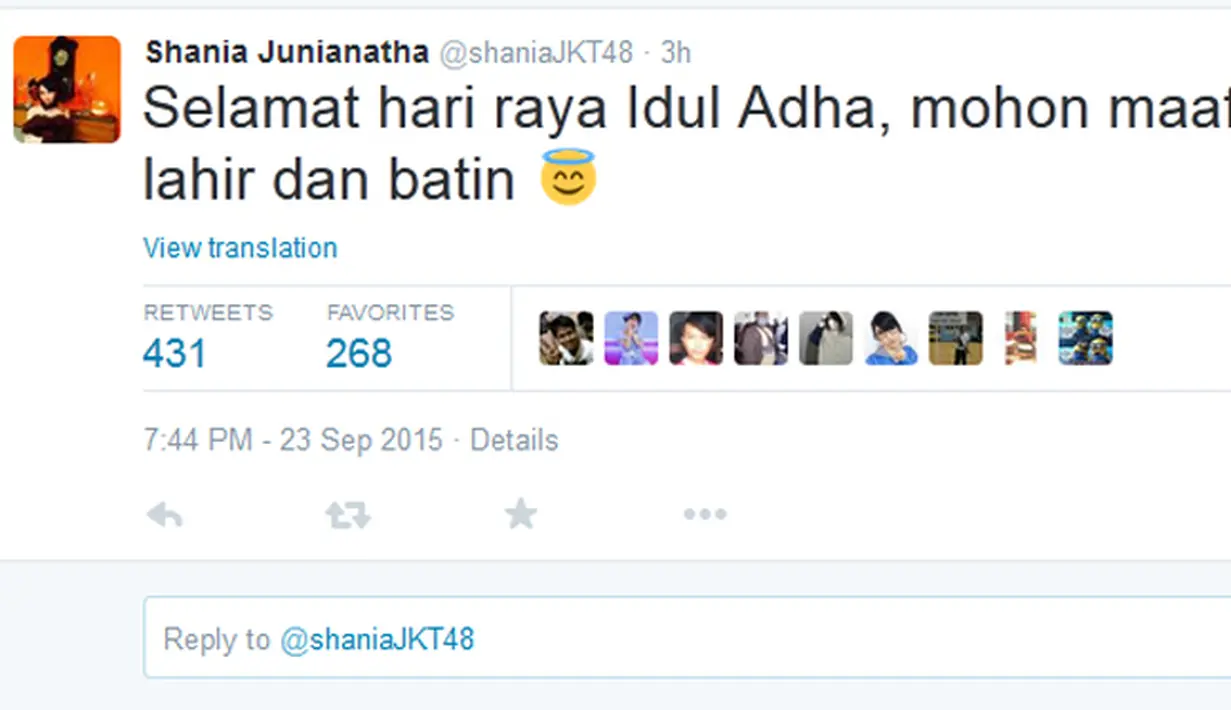 "Selamat hari raya Idul Adha, mohon maaf lahir dan batin" (via twitter/@shaniaJKT48)