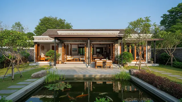 Desain Rumah Desa dengan Kolam Ikan Depan Teras