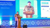 Menteri Koordinator Bidang Perekonomian Airlangga Hartarto ketika memberikan keynote speech dalam acara Indonesia Tourism Development Project (ITDP) National Forum, di Jakarta, Kamis (13/3/2025).