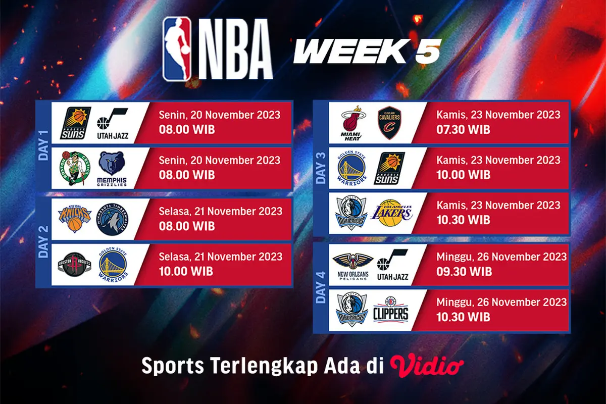 Jadwal dan Live Streaming Pertandingan NBA Week 5 di Vidio