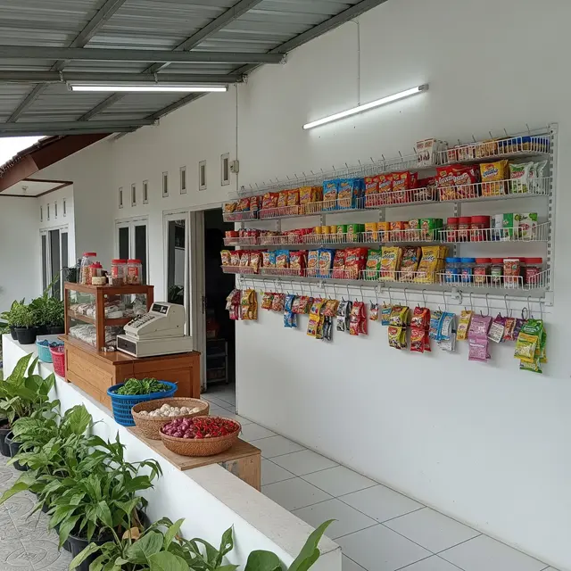 Desain Warung Sembako di Teras Rumah Model dengan Rak Gantung Hemat Ruang