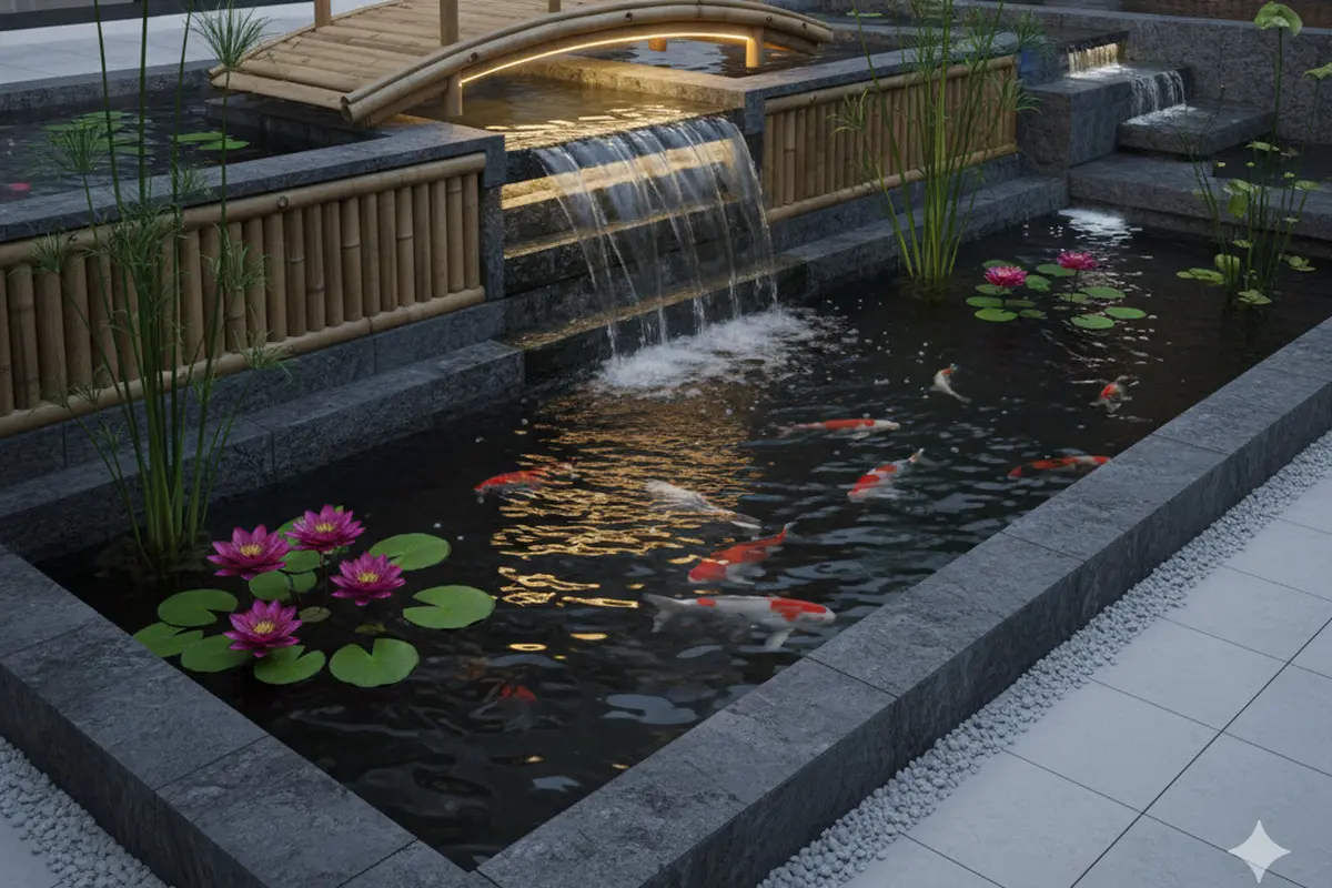 Model Kolam Ikan dengan Jembatan Bambu Mini di Teras Rumah