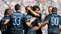 Pemain Inter, Mauro Icardi rayakan gol bersama rekan-rekannya ketika melawan Madrid (Bob Stanton-USA TODAY Sports)
