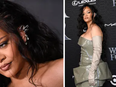 Foto kolase penyanyi Barbados Rihanna saat menghadiri pemutaran perdana film "Black Panther: Wakanda Forever" Marvel Studios di Dolby Theatre di Hollywood, California, pada 26 Oktober 2022. (AFP/Valeri Macon)