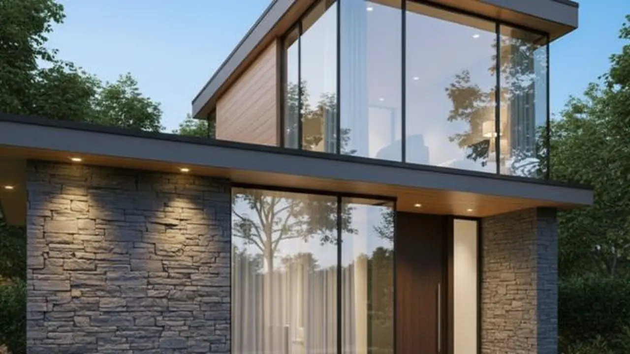Gambar Rumah Minimalis Tampak Depan dengan Aksen Kaca Modern (Image by Gemini AI)