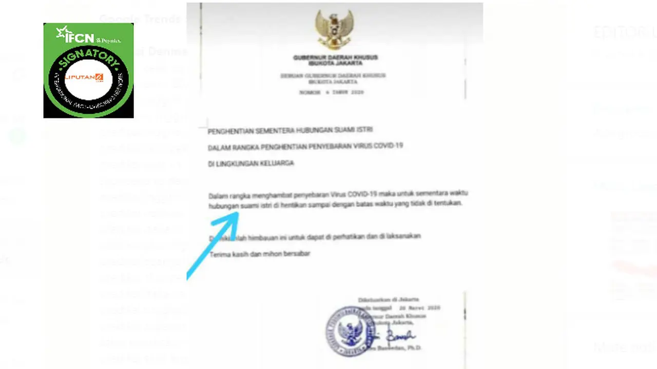 Cek Fakta Liputan6.com menelusuri klaim surat seruan penghentian sementara hubungan suami istri
