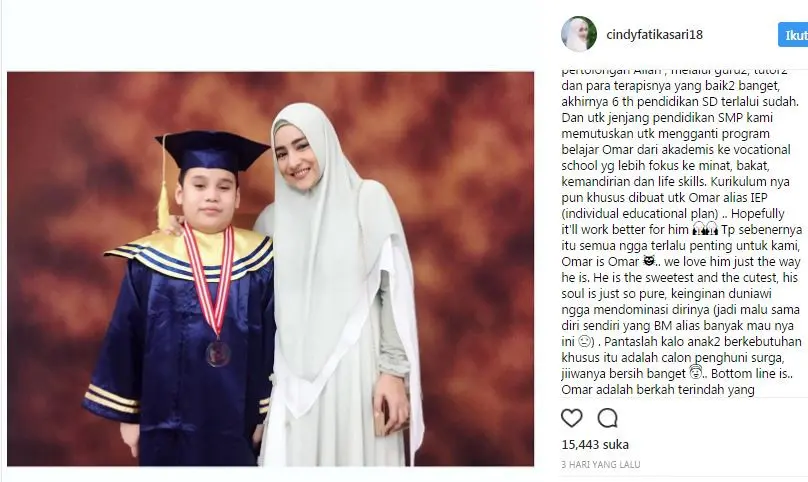 Cindy Fatikasari bersyukur memiliki anak dengan Autism Spectrum Disorder (ASD) atau biasa disebut autisme. (Foto: instagram/cindyfatikasari18)