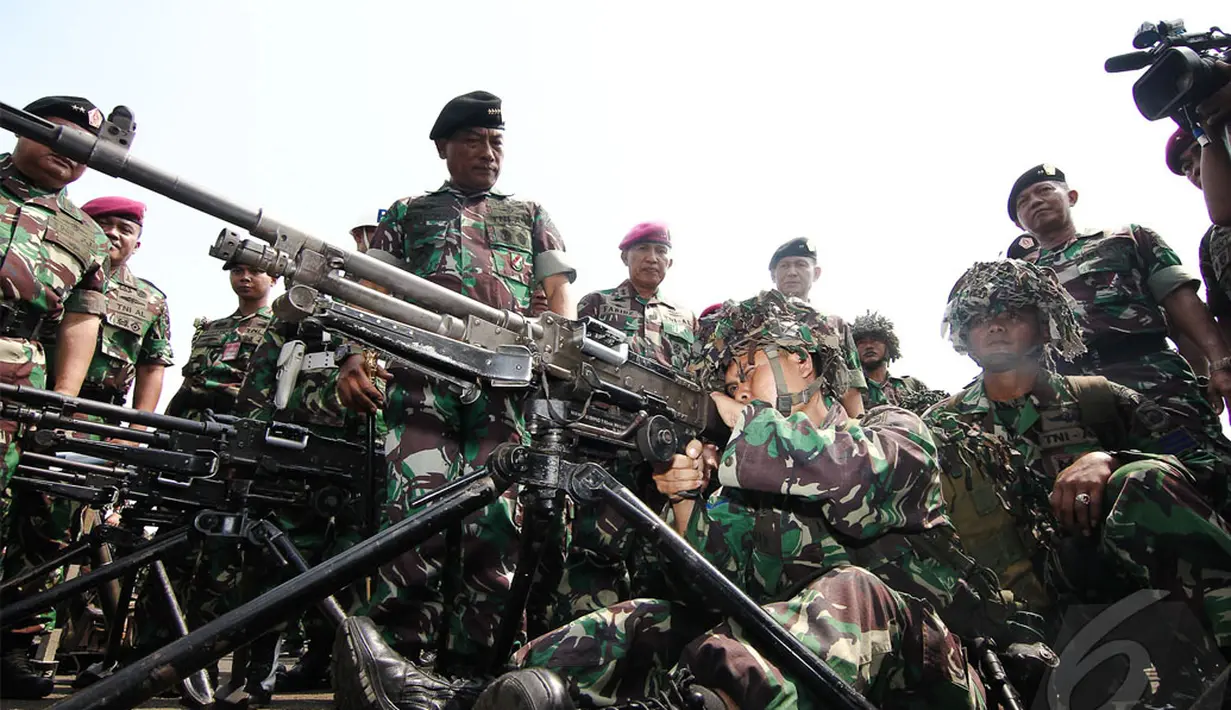 Panglima TNI Jenderal TNI Moeldoko mengecek kesiapan alat utama sistem persenjataan (alusista), Jumat (2/5/2014) (Liputan6.com/Faizal Fanani).