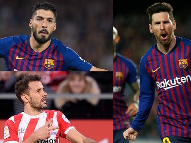 Lionel Messi kian perkasa di singgasana top scorer La Liga dengan raihan 33 gol, terpaut 13 gol dari Luis Suarez yang berada di bawahnya. (Kolase Foto AFP)