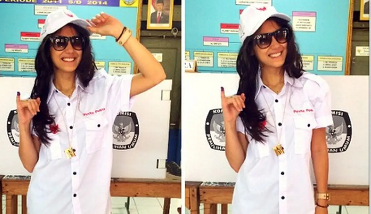 Artis cantik Pevita Pearce tampil narsis usai nyoblos dengan mengenakan kacamata dan baju putih berlambang garuda. (Instagram/ Pevpearce)