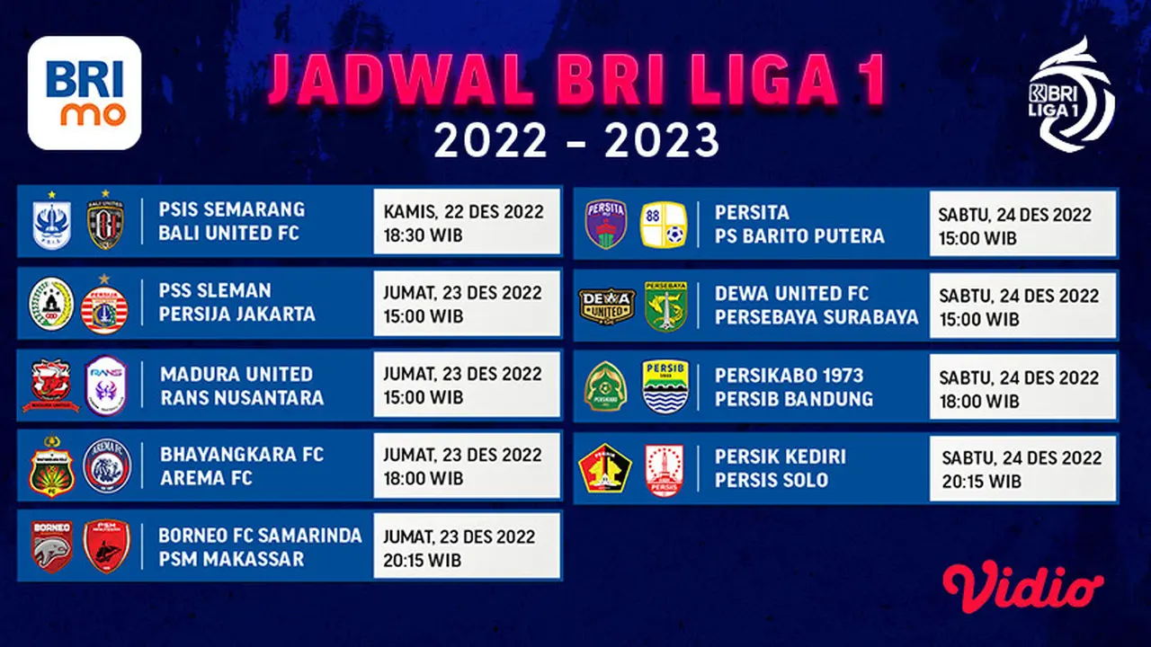Link Live Streaming BRI Liga 1 Minggu ke-17  di Vidio, 22-24 Desember : 9 Partai Pertandingan Siap Dimainkan