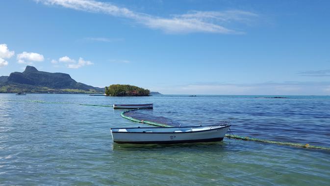 Penghalang digunakan untuk menampung tumpahan minyak yang mencemari lepas pantai tenggara Mauritius di Mahebourg Waterfront, Sabtu (8/8/2020). Mauritius memberlakukan status darurat setelah kapal Jepang, MV Wakashio, kandas dan menumpahkan 1.000 metrik ton minyak mentah. (Sophie Seneque via AP)