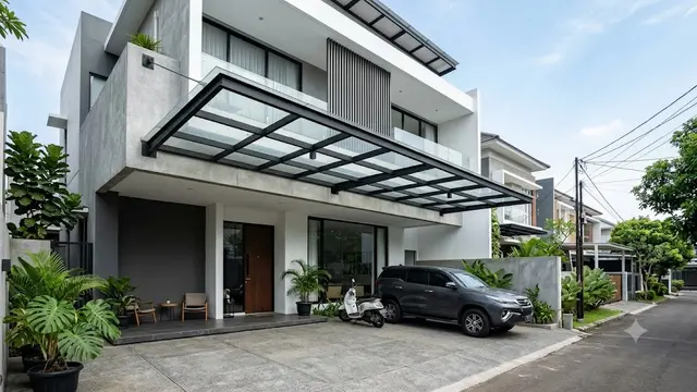 Desain Kanopi Teras Minimalis dengan Rangka Hollow dan Atap Transparan