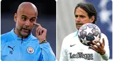 Foto kombinasi memperlihatkan pelatih Manchester City Pep Guardiola (kiri) dan pelatih Inter Milan Simone Inzaghi (kanan) saat sesi latihan di Ataturk Olympic Stadium, Istanbul, Turki, Jumat (9/6/2023). Manchester City dan Inter Milan melakukan persiapan terakhir jelang laga final Liga Champions. (AP Photo/Manu Fernandez/Antonio Calanni)
