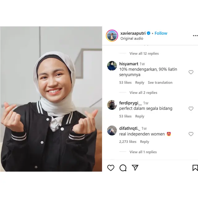 Postingan Xaviera Putri di akun Instagram @xavieraputrii