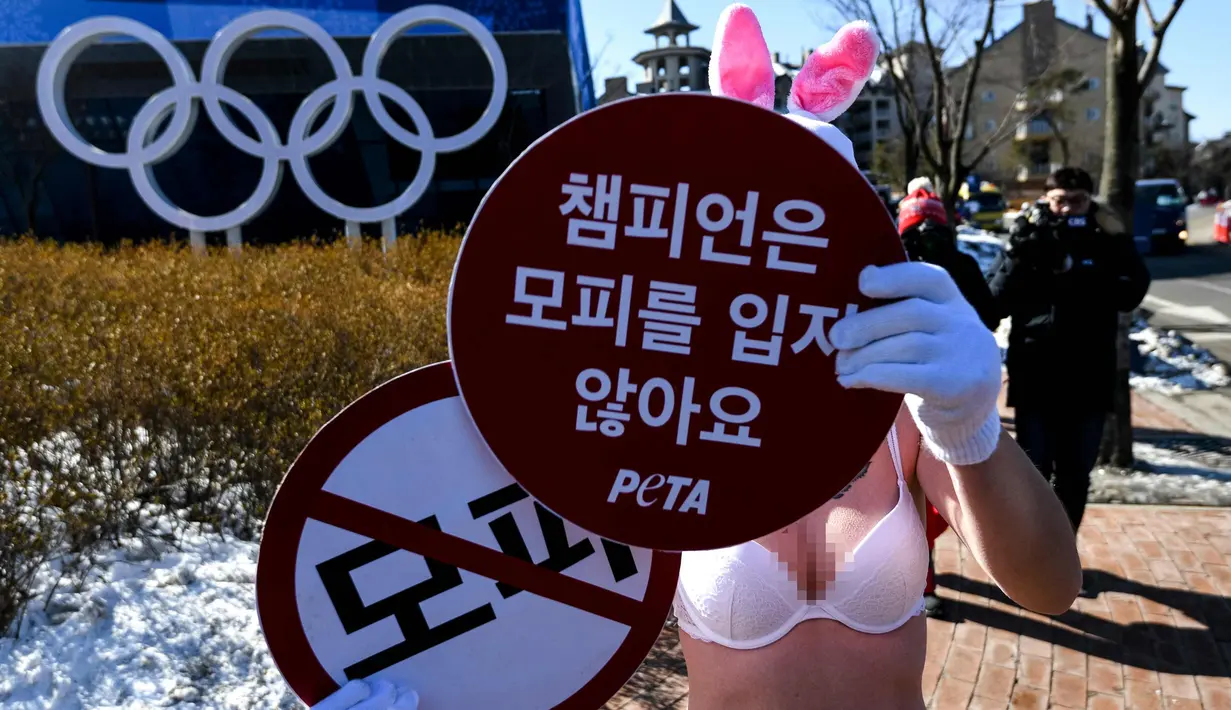 Seorang aktivis wanita dari PETA saat berunjuk rasa memprotes Olimpiade Pyeongchang 2018 di Pyeongchang, Korea Selatan (6/2). Aktivis ini nekat tampil berbikini saat unjak rasa berlangsung. (AFP Photo/Dimitar Dilkoff)