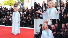 Kolase foto saat Hillary Clinton berpose untuk fotografer setibanya pada pemutaran perdana film 'White Noise' dan upacara pembukaan Venice Film Festival ke-79 di Venesia, Italia, 31 Agustus 2022. Hillary melenggang pada karpet merah Venice Film Festival 2022 dengan gaya vintage nan anggun. (Photo by Joel C Ryan/Vianney Le Caer/Invision/AP)