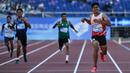 <p>Ekspresi atlet Indonesia, Saptoyogo Purnomo saat melewati garis finis pada cabang olahraga Para Athletics Asian Para Games 2023 nomor Men's 400m-T37 yang berlangsung di Huanglong Sport Centre Stadium, Provinsi Zhejiang, China, Senin (23/10/2023). Ia mencatatkan waktu 54.80 detik. (NPC Indonesia)</p>