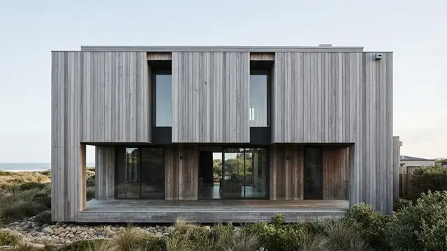 Model Fasad Rumah dengan Aksen Kayu Vertikal