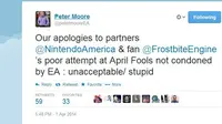 Chief Operating Officer EA Peter Moore langsung turun tangan meredakan emosi para pemilik konsol Wii U.