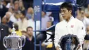 Petenis Jepang, Kei Nishikori, menatap trofi US Open usai kalah di final tunggal putra US Open 2014, New York, (8/9/2014). (REUTERS/Mike Segar) 