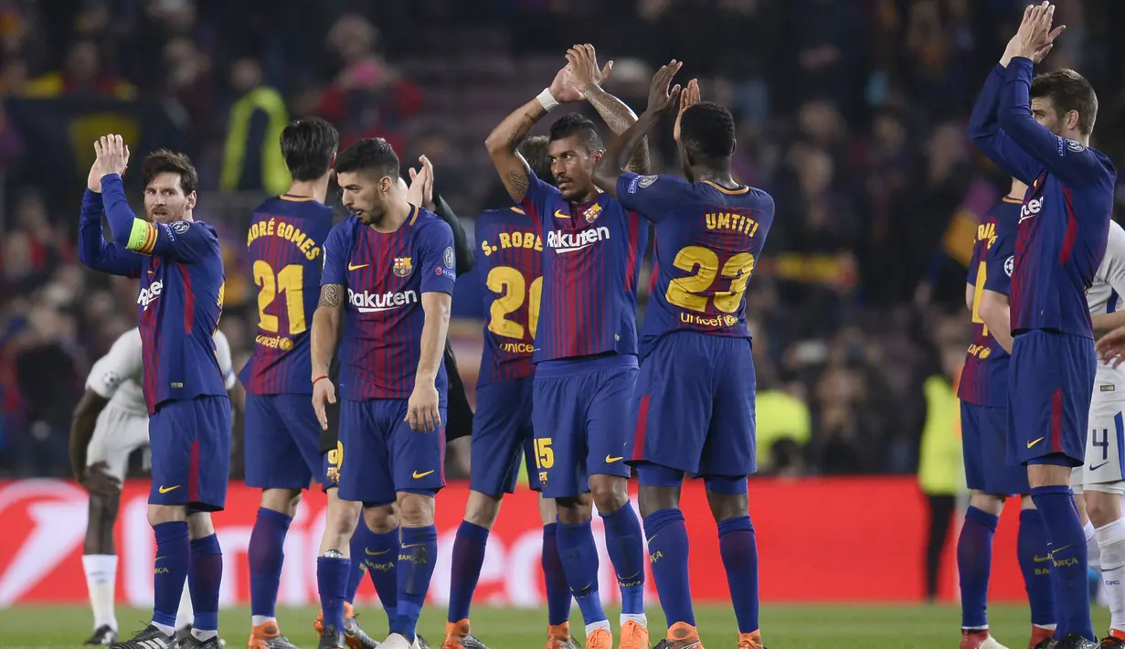 Barcelona akan bersua AS Roma pada babak perempat final Liga Champions berdasarkan hasil undian UEFA di Nyon, Swiss, Jumat (16/3/2018). (AFP/Josep Lago)