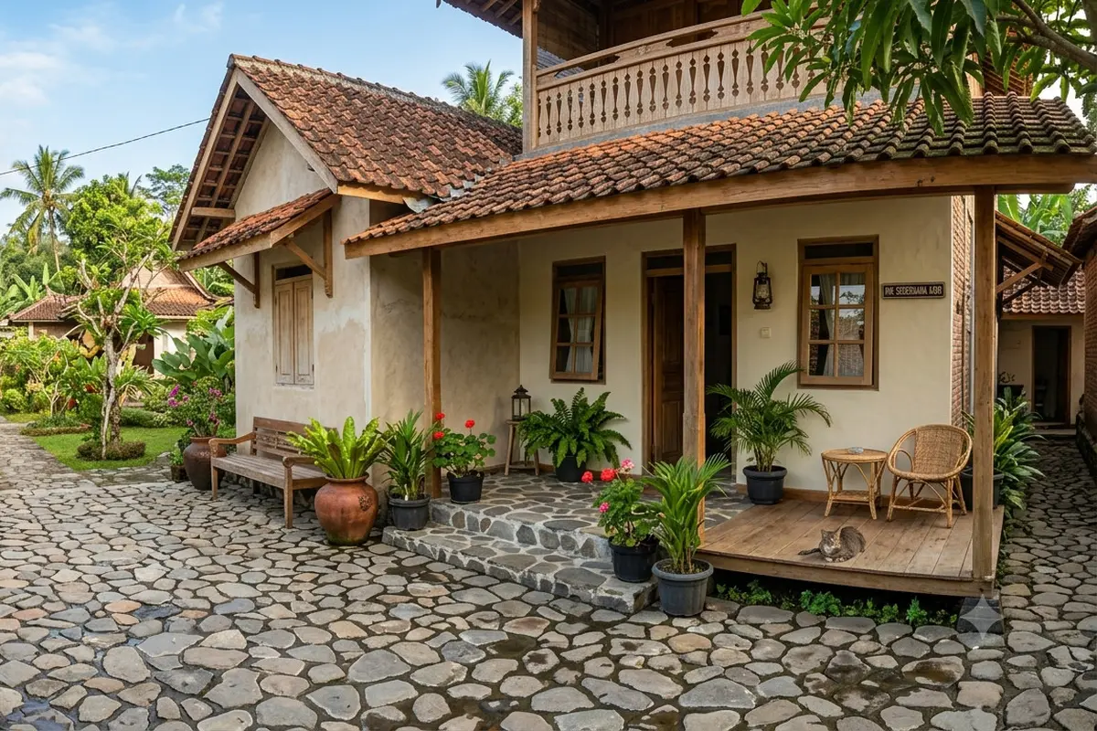 Perpaduan Lantai Teras Batu Alam dengan Rumah Sederhana Desa Gemini AI