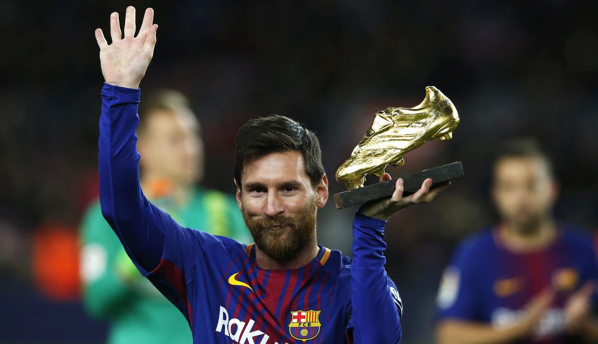 Dengan penghargaan tersebut, Lionel Messi telah empat kali meraih titel Sepatu Emas Eropa, yakni 2010, 2012, 2013, dan 2017. (AP/Manu Fernandez)