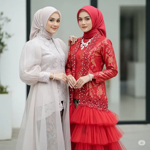 Gamis Kombinasi Brokat Lengan Balon. Foto: Gemini