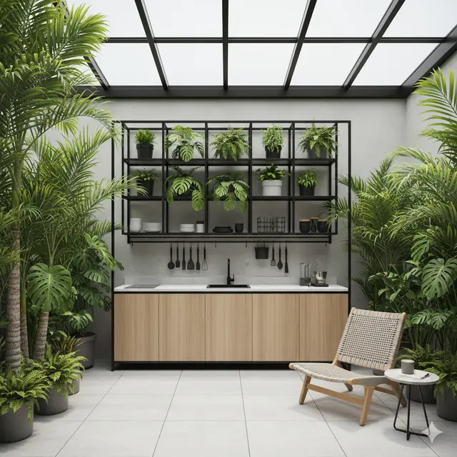 Desain Dapur Sekaligus Ruang Santai Outdoor di Rumah Tropis Sempit. Gemini