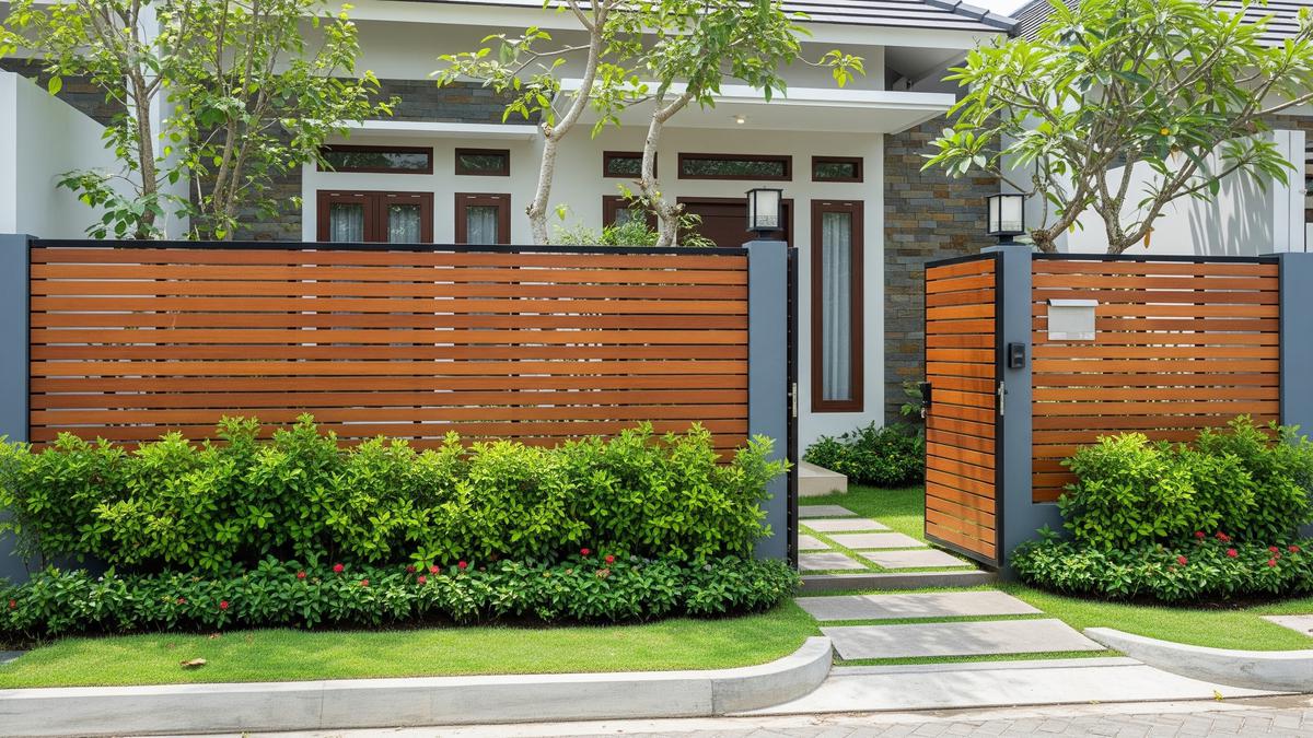 8 Inspirasi Pagar Kayu Horizontal yang Dipadukan dengan Tanaman Hijau, Elegan dan Asri
