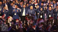 SBY menyatakan ketiga komponen bangsa yang tengah diresahkan oleh rakyat Indonesia saat ini adalah keadilan, kebhinekaan, dan kebebasan di Jakarta Convention Center, Selasa (7/2). (Liputan6.com/Helmi Afandi) 
