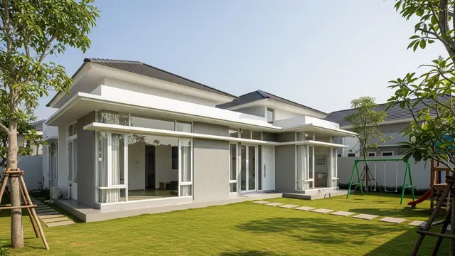 Desain Rumah Ukuran 200 Meter di Lokasi Pinggir Kota Minimalis 1 Lantai dengan Halaman Luas