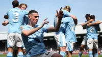 Selebrasi pemain Manchester City, Phil Foden usai mencetak gol ke gawang Fulham dalam laga lanjutan Premier League 2023/2024, Sabtu (11/5/2024) malam WIB.