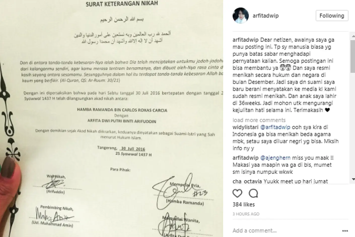 Istri Yama Carlos, Arfita Dwi Putri, unggah foto Surat Keterangan Nikah. (Instagram/arfitadwip)