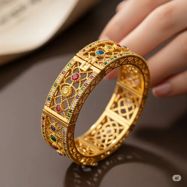 Gelang Kolong Emas Desain Modular dengan Batu Warna