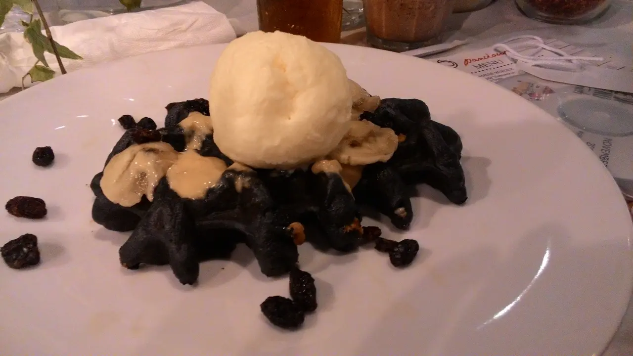 Banana rum raisin charcoal waffle