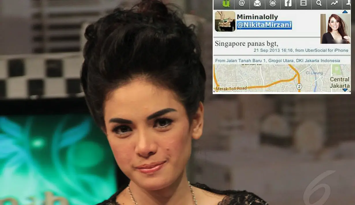 Nikita Mirzani pernah di-bully lantaran dinilai berbohong pura-pura berada di Singapura, namun location   tagging di Twitter-nya menunjukkan   ada di Grogol. (Liputan6.com/Panji Diksana)