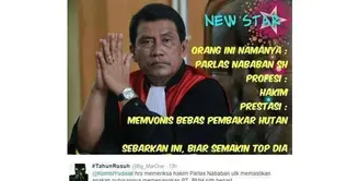 Hakim PN Palembang, Parlas Nababan, adalah orang pertama yang menjadi olok-olok Netizen di tahun 2016. Hakim ini menolak gugatan Kementerian Lingkungan Hidup dan Kehutanan terhadap perusahaan pembakar hutan seluas 20.000 Hektar. Yang membuat Parlas m...