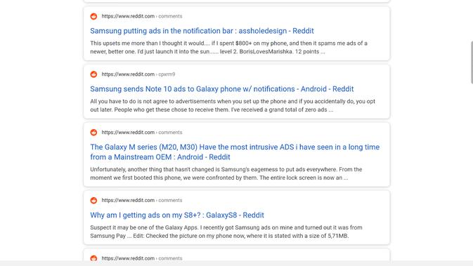 Para pengguna Samsung mengeluhkan di forum Reddit tentang smartphone mereka yang menerima iklan. (Foto: Screenshot)