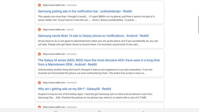 Para pengguna Samsung mengeluhkan di forum Reddit tentang smartphone mereka yang menerima iklan. (Foto: Screenshot)